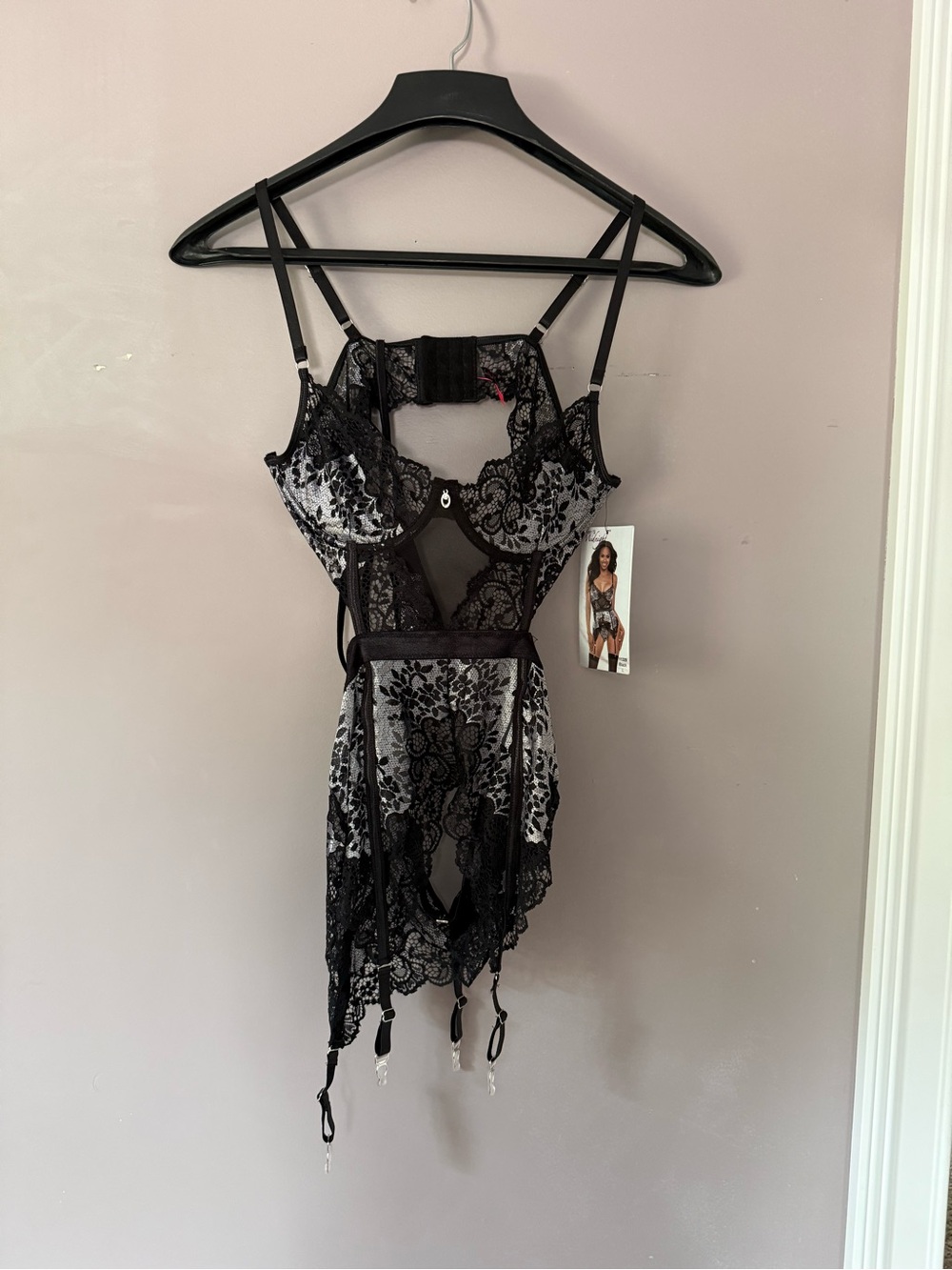 Sheer Black Lace Bustier Chemise with Garter Details